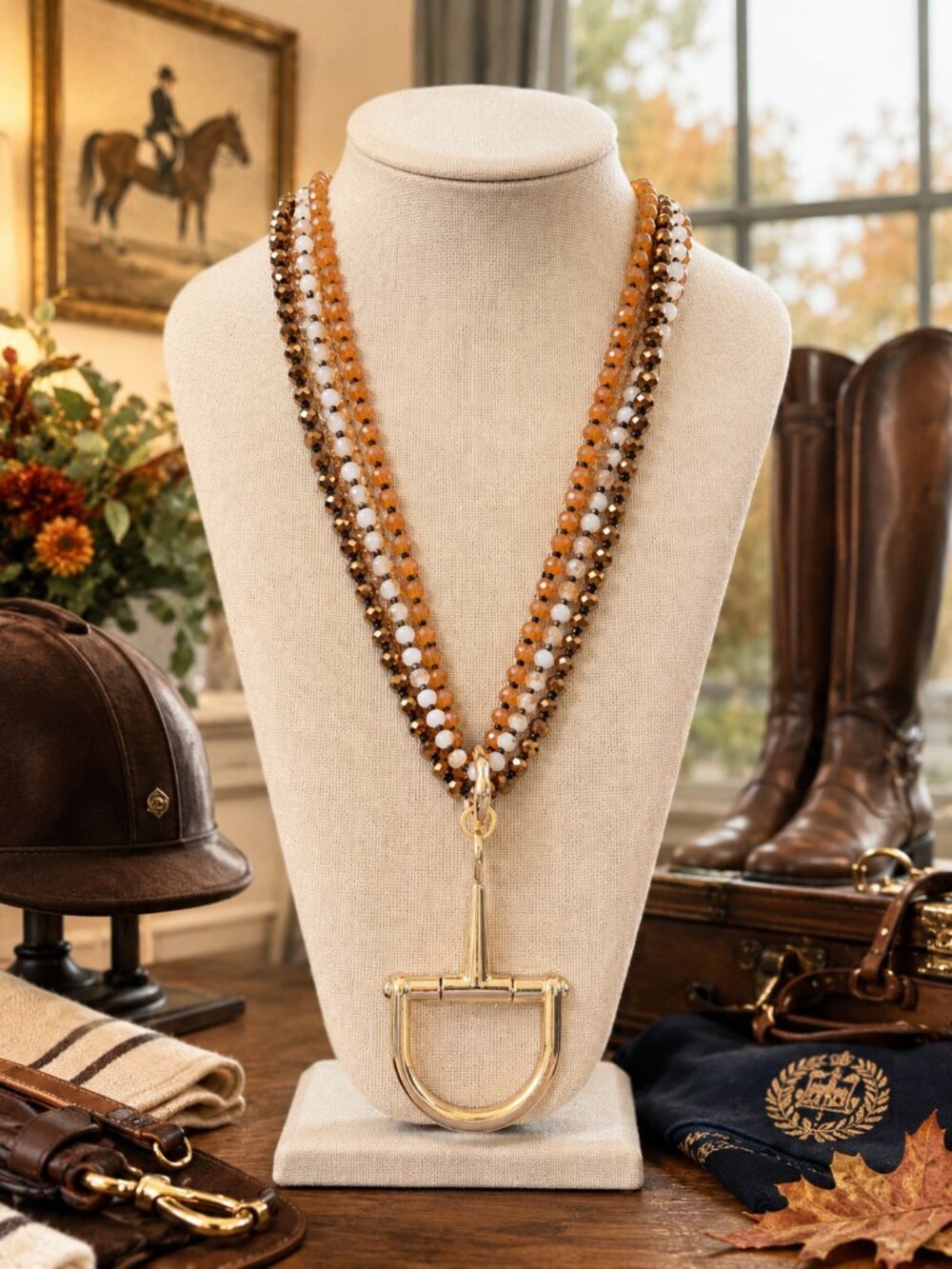 Fall Equestrian Stirrup Necklace, Orange Brown & White Beaded Statement Necklac